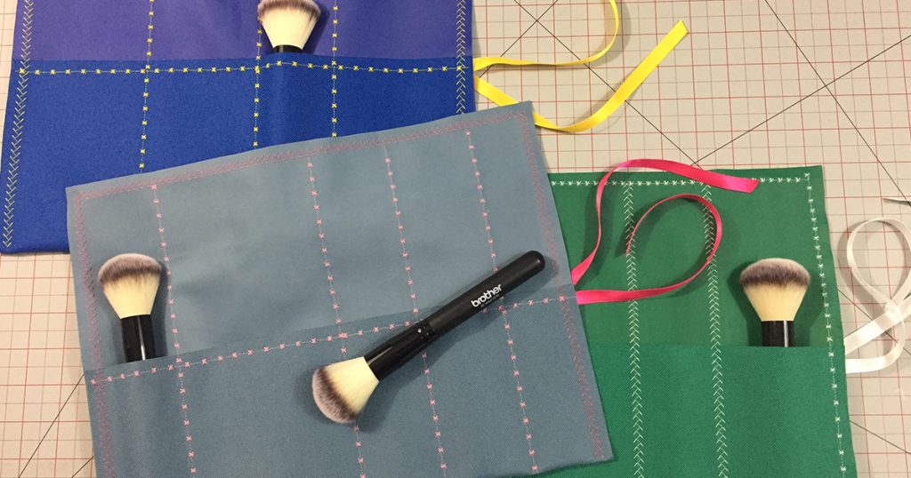 This simple roll-up case — fit for makeup brushes, pencils and markers, knitting tools, and so much more — was Brother’s make-and-take project at the fall Creativ Festival in Toronto this year.
